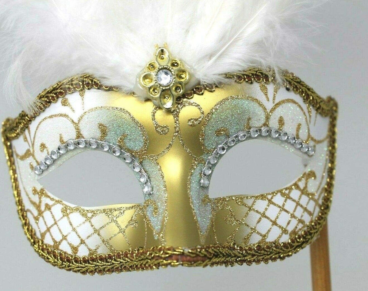 WHITE & GOLD VENETIAN MASQUERADE PARTY CARNIVAL BALL EYE FEATHER MASK HAND HELD