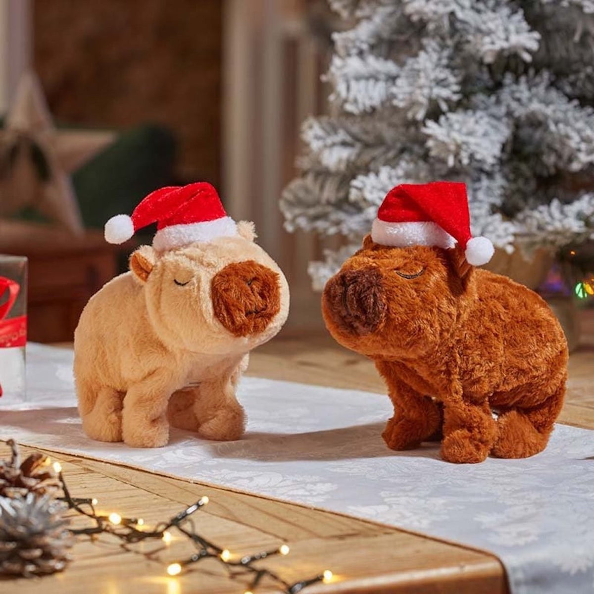 Animated SantaBara Cabybara Christmas Hat Soft Fur Walks Squeaks & Wrinkles Nose