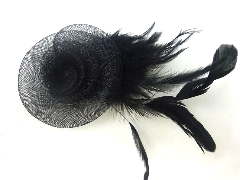 Hair Fascinator Corsage & Brooch Black Feathers and Stiffened Net Fabric Petals