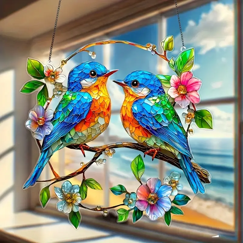 Acrylic Hanging Garden Suncatcher Multi-coloured Kingfishers 20cm Tall on Chain