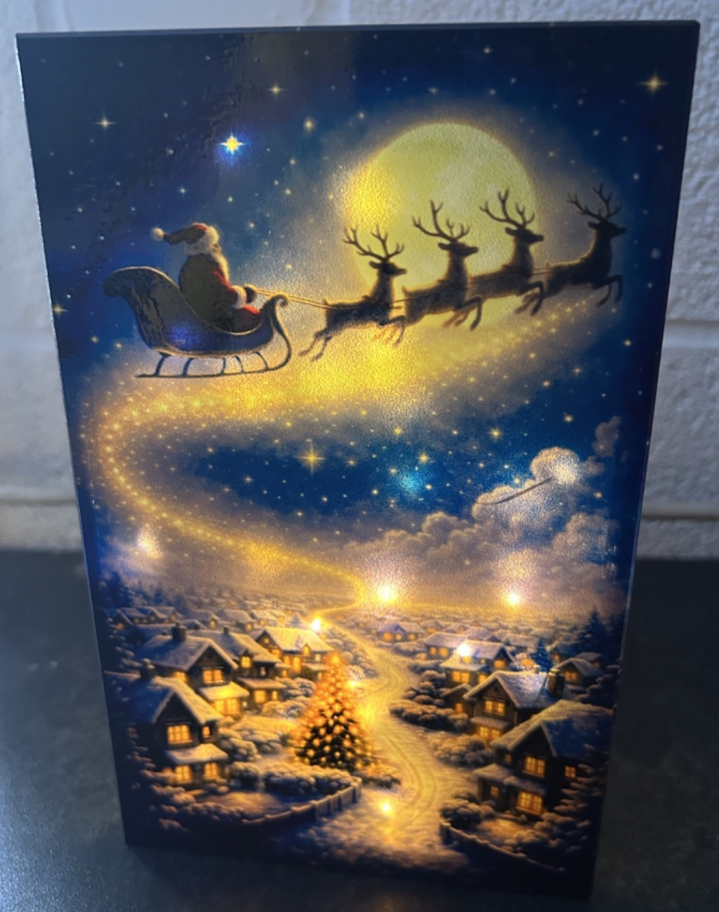 Glass Flashing / Static LEDs Santa Sleigh Christmas Decoration 21cm Double Sided