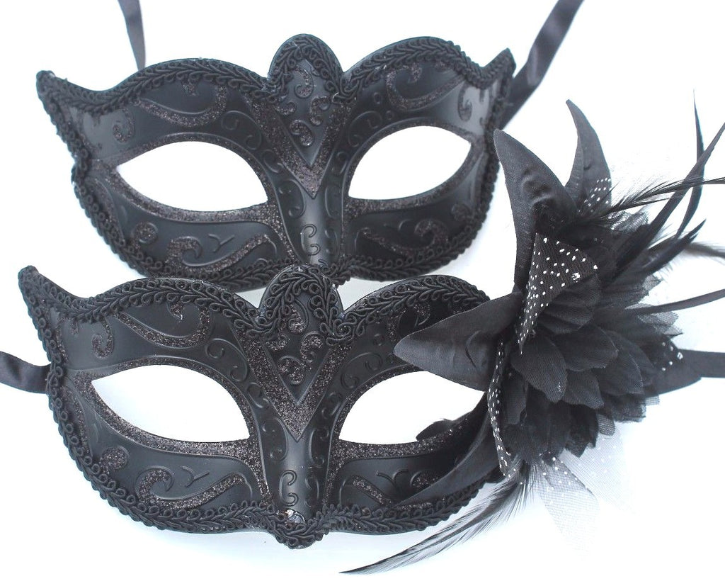 HIS N HERS PAIR COUPLES CO-ORDINATED BLACK VENETIAN MASQUERADE PARTY EYE MASKS