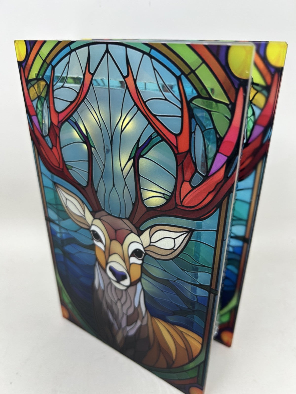 Stained Glass Warm White LED Lights Christmas Stag Decoration 21cm Double Sided