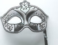 VENETIAN MASQUERADE BALL MASK WITH A HAND HELD STICK SILVER GREY & FROSTED WHITE