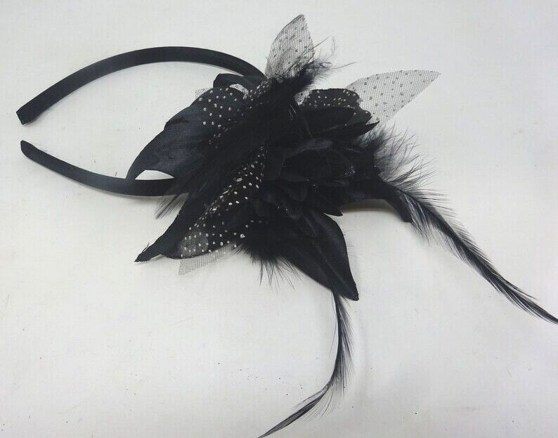 Black Hair Fascinator on Satin Aliceband Headband with Fabric & Feathers Flower