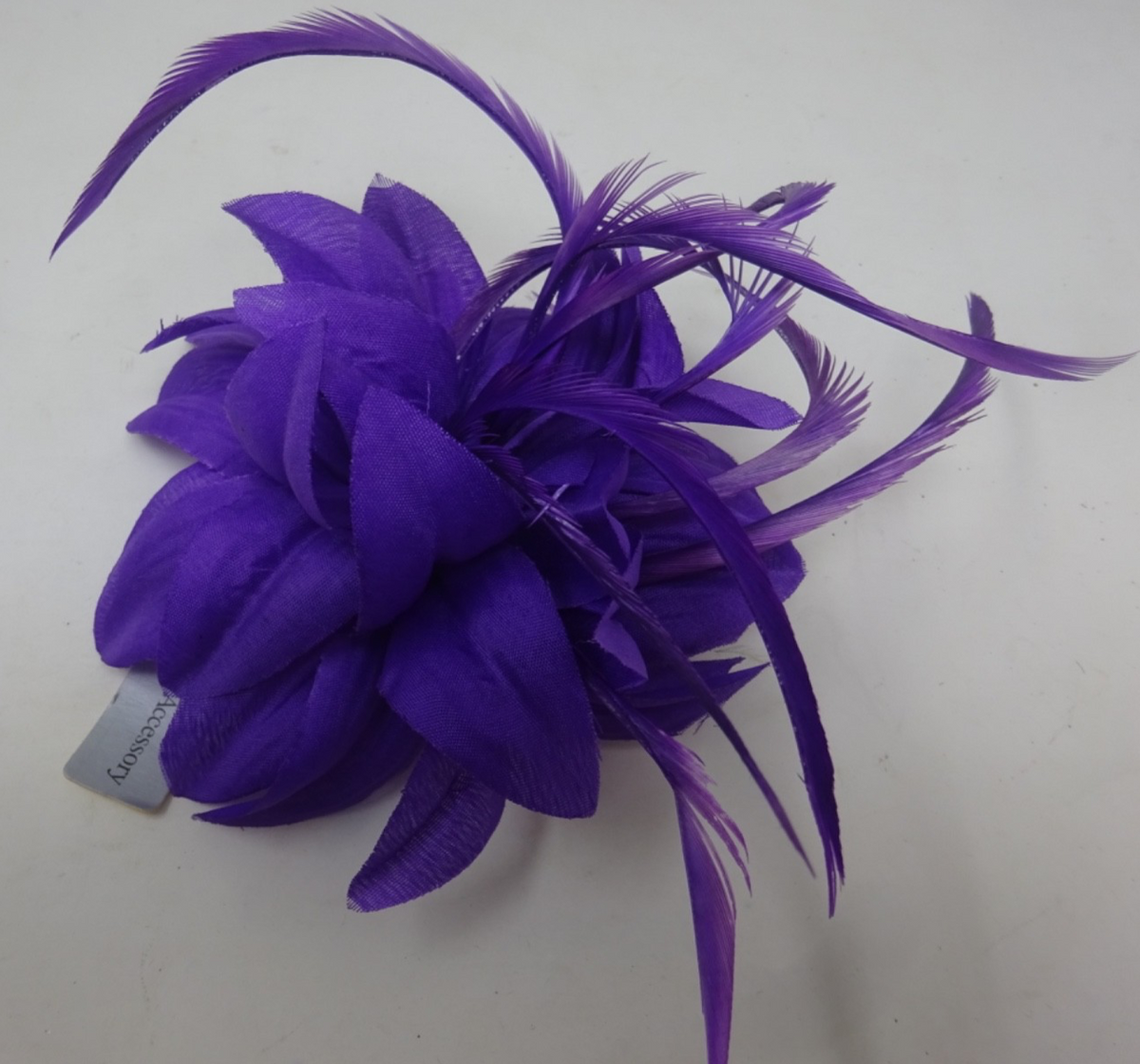 Purple Corsage Brooch Fascinator Fabric Petals with Long Slim Fine Feathers