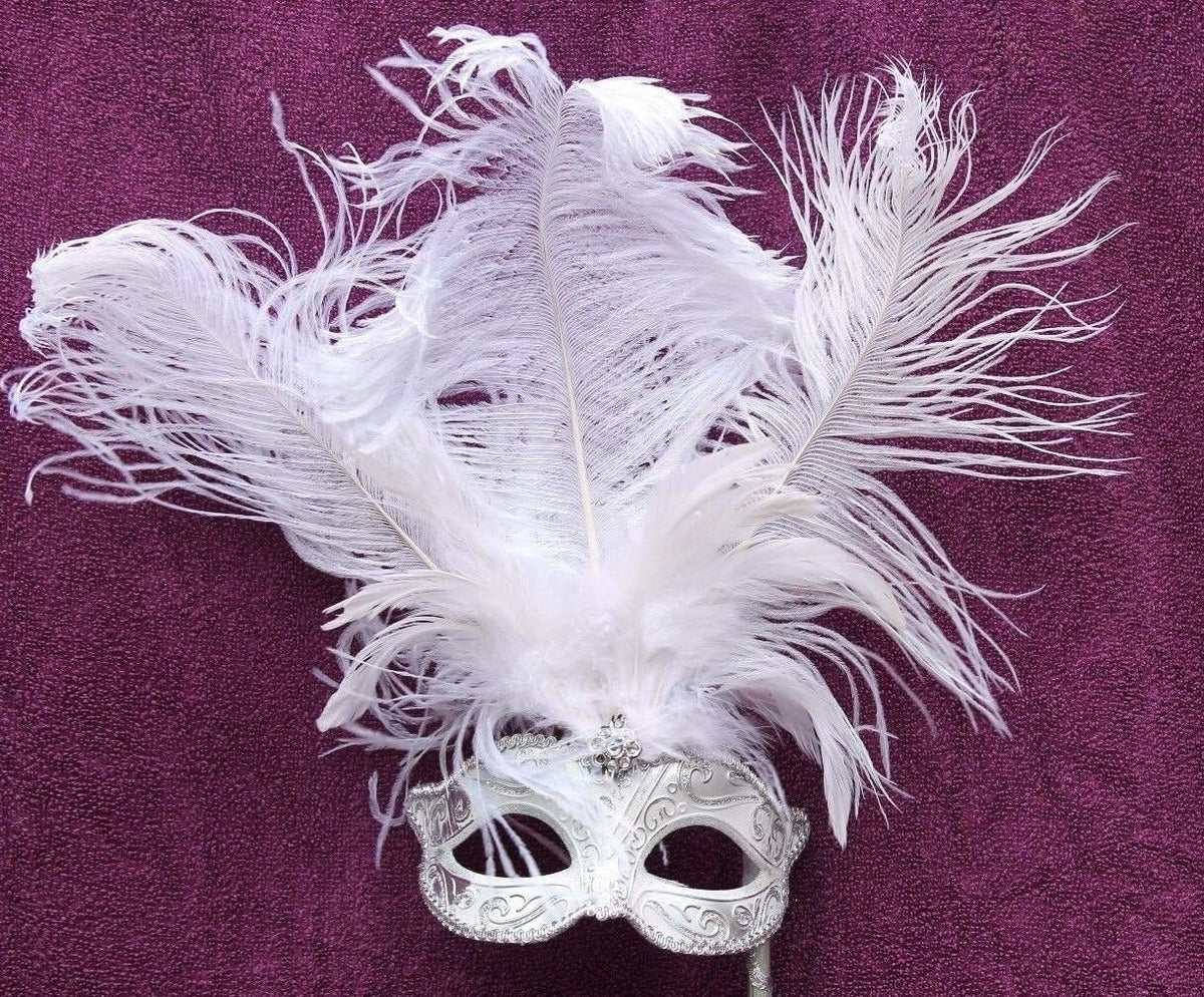 WHITE SILVER VENETIAN MASQUERADE PARTY CARNIVAL BALL EYE FEATHER MASK HAND HELD