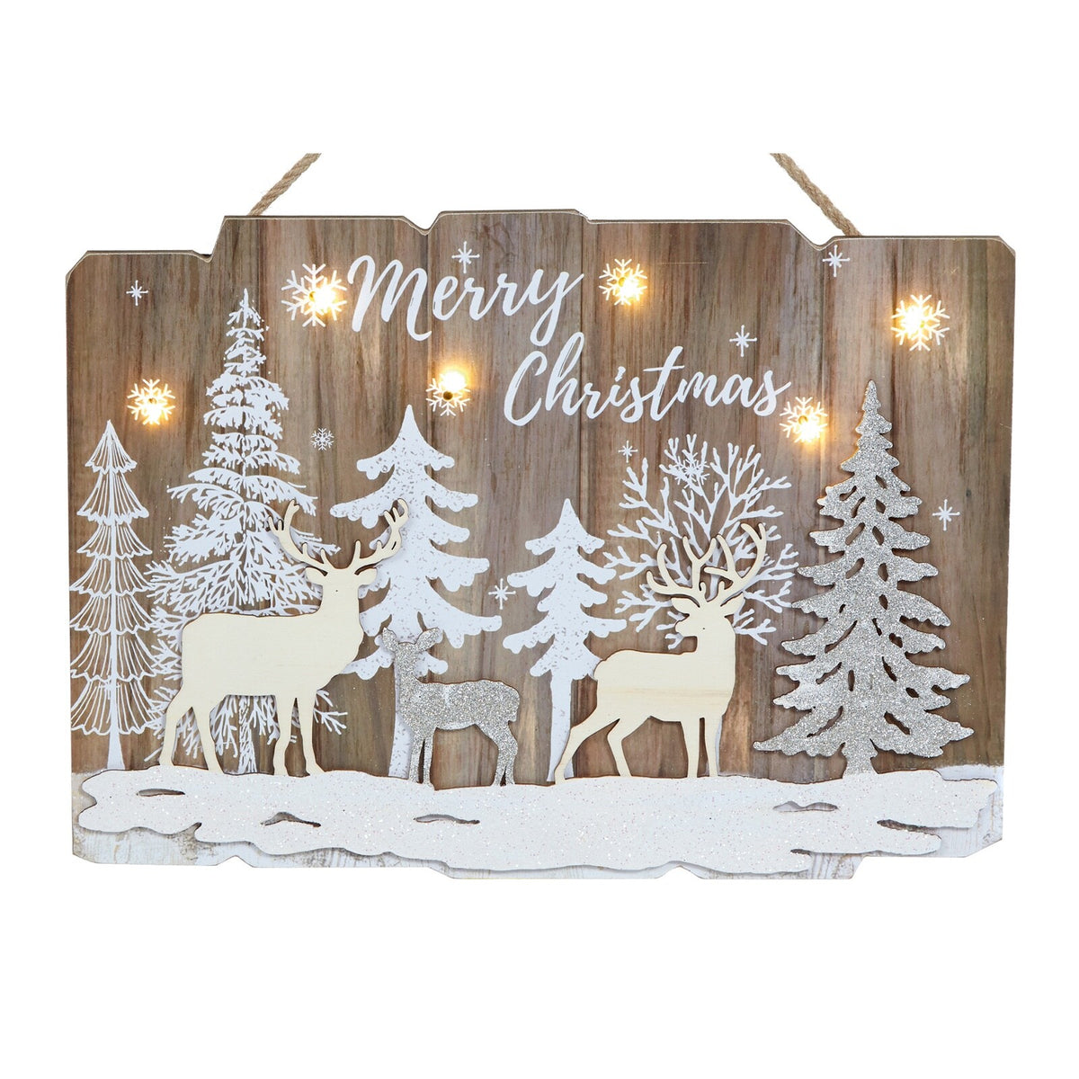 Wooden Christmas Winter Forest & Reindeer LED Light Up Hanging Decoration 39cm
