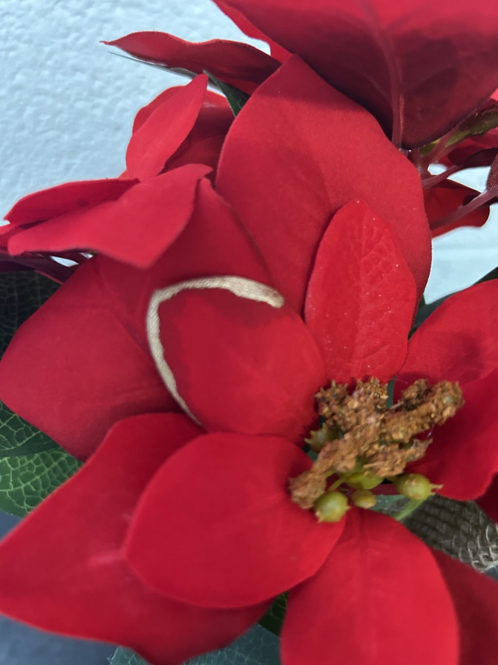 Artificial Floral Christmas Poinsettia Bouquet Hessian Pot Gold Edged Leaves