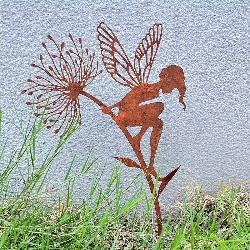 Rusty Patina Core-ten Metal Fairy with Flowerhead 30cm Long Garden Decoration