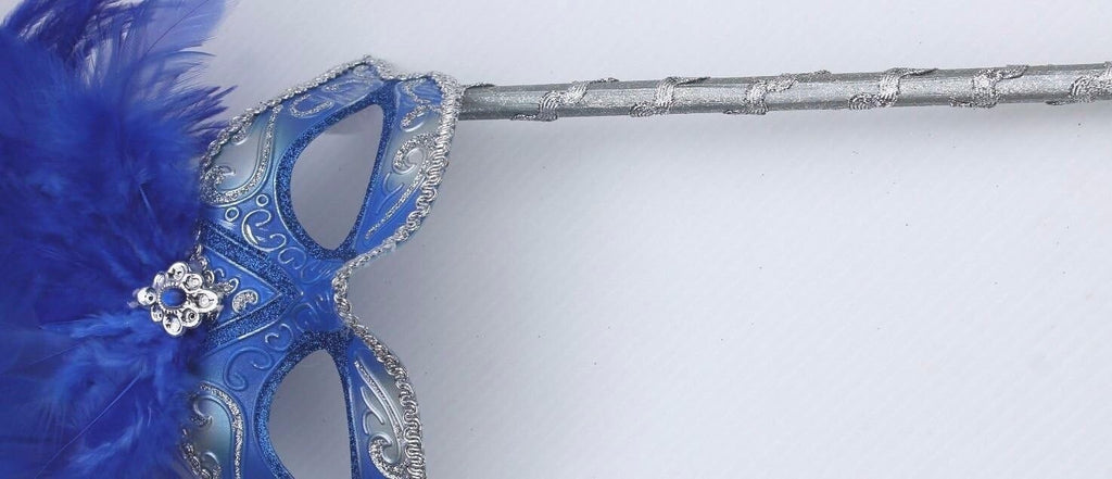 BLUE SILVER VENETIAN MASQUERADE BALL CARNIVAL PARTY FEATHER MASK HAND HELD STICK