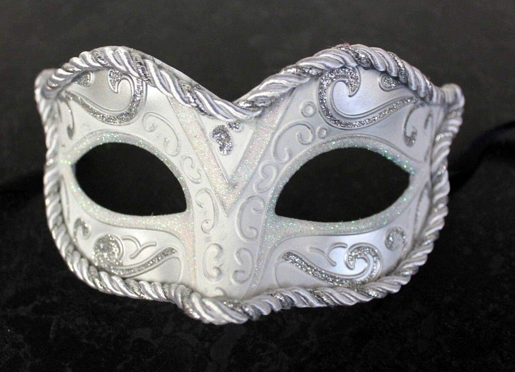 SILVER & WHITE BRAIDED VENETIAN CARNIVAL MASQUERADE PARTY EYE BALL WEDDING MASK