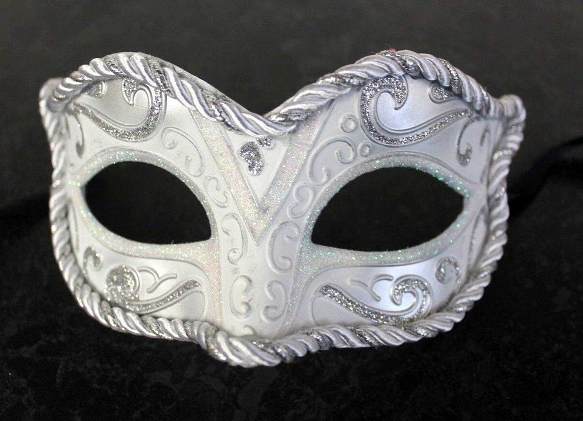 SILVER & WHITE BRAIDED VENETIAN CARNIVAL MASQUERADE PARTY EYE BALL WEDDING MASK