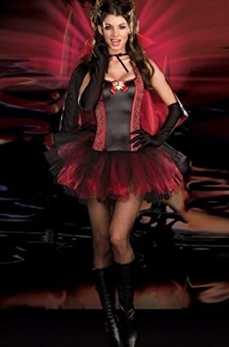 Ladies 5 Pce Witch Halloween Devil Costume Tutu Dress Collar Cape Gloves & Thong