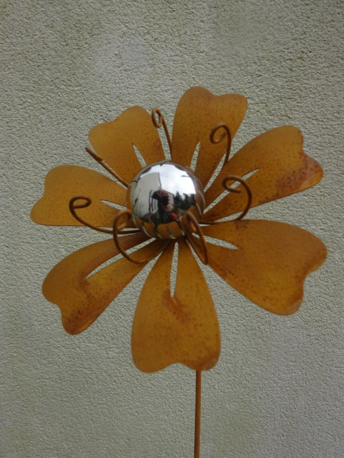 Rusty Patina Metal Flower Lily Garden Stake with Stamens & Silver Ball 1m  Tall