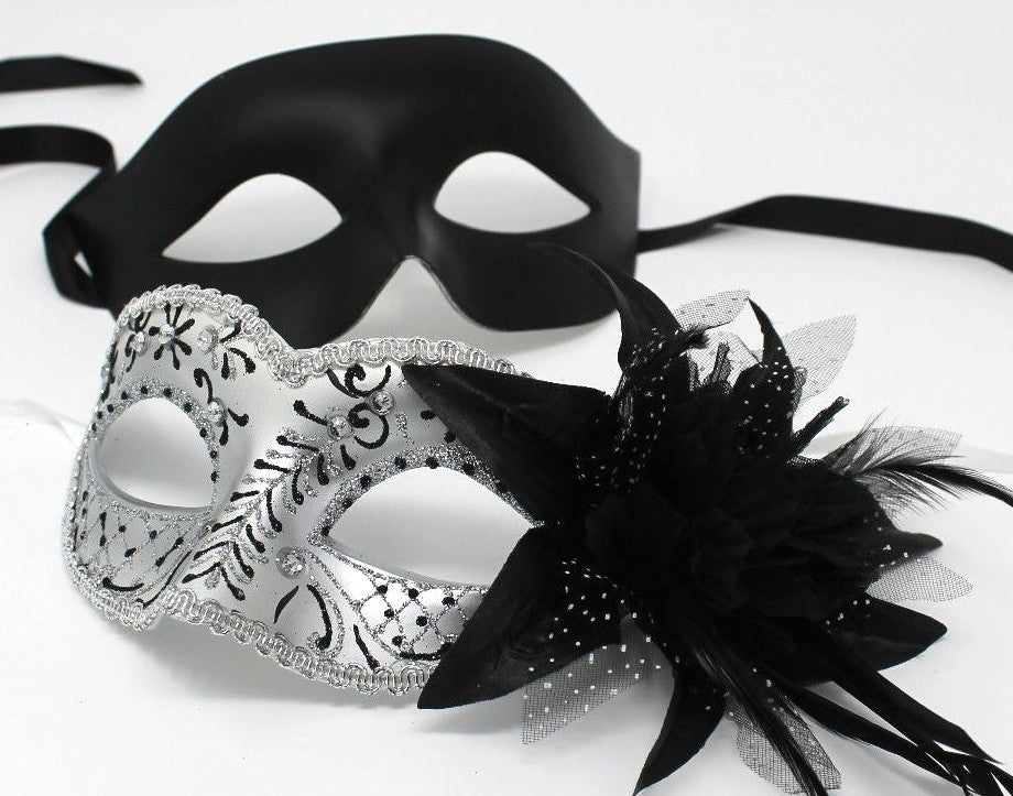 HIS N HERS PAIR COUPLES SILVER AND  BLACK VENETIAN MASQUERADE PARTY  EYE MASKS