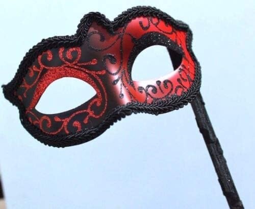 STUNNING BLACK & RED VENETIAN MASQUERADE PARTY BALL CARNIVAL MASK ON A STICK