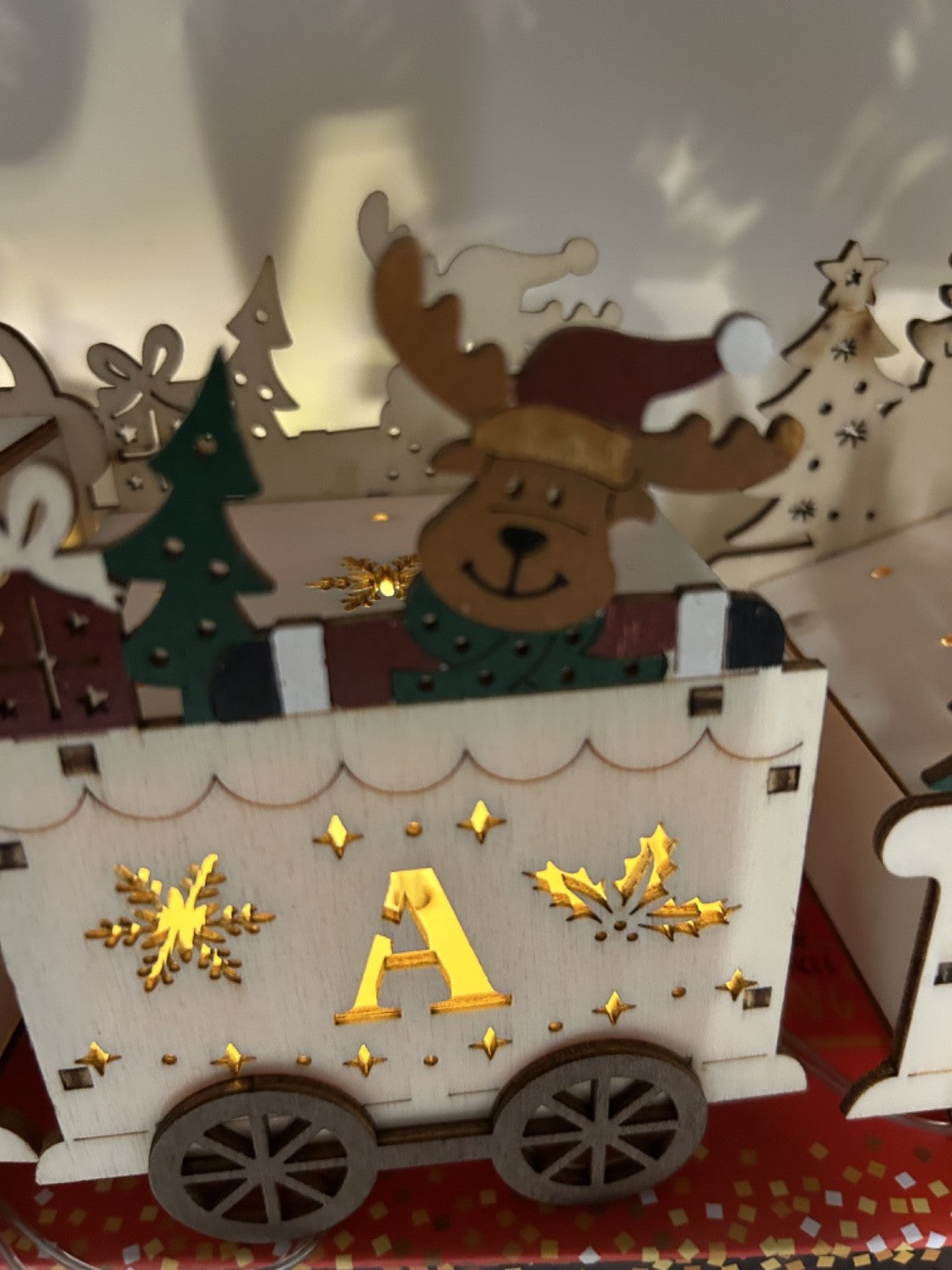 Wooden Santa Claus Express Train Locomotive LED Light Up Decoration 40cm Long