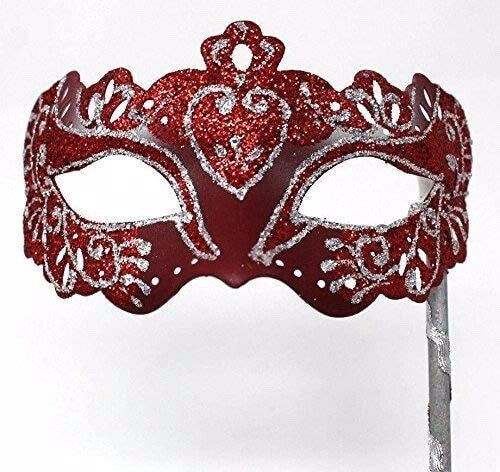 RED & SILVER RIALTO VENETIAN MASQUERADE PARTY CARNIVAL BALL ON A HAND HELD STICK