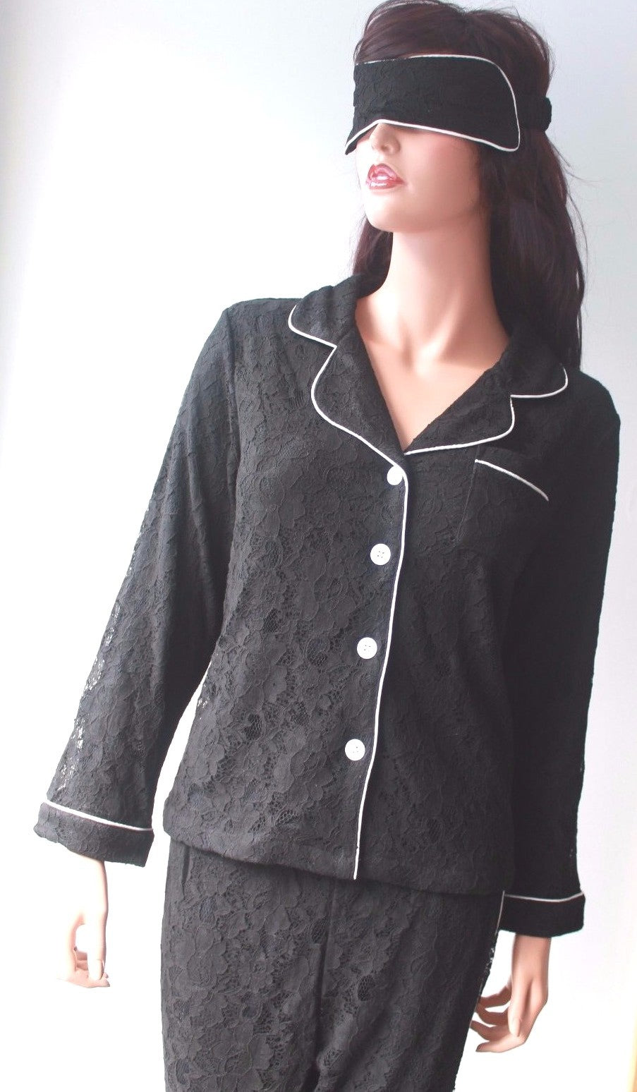 Ladies Black Lace Lined Ladies Pyjamas Longe Pants Size 8-10 with Sleep Mask