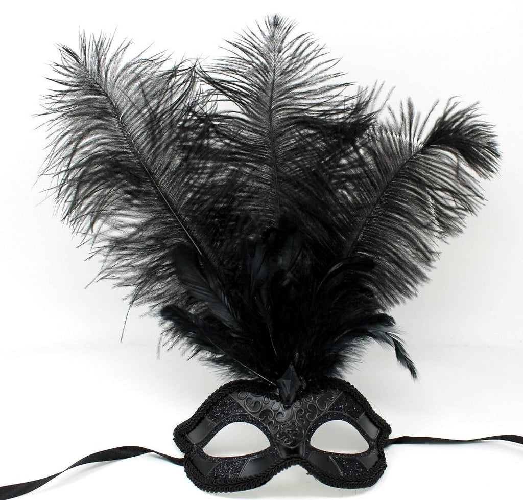 ALL BLACK FEATHER MASK VENETIAN MASQUERADE BALL CARNIVAL PARTY FACE EYE MASK
