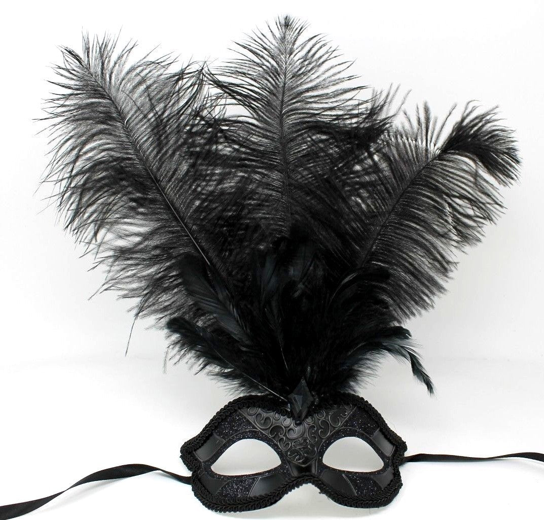 ALL BLACK FEATHER MASK VENETIAN MASQUERADE BALL CARNIVAL PARTY FACE EYE MASK