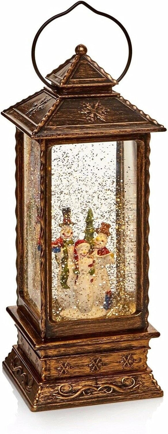 Christmas Snowman Family LED Metal Water Lantern with Glitter Snow 27cm Tall