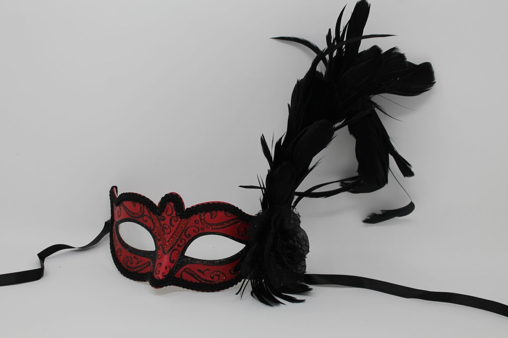 RED BLACK FLOWER BENDY FEATHERS VENETIAN CARNIVAL MASQUERADE PARTY EYE MASK