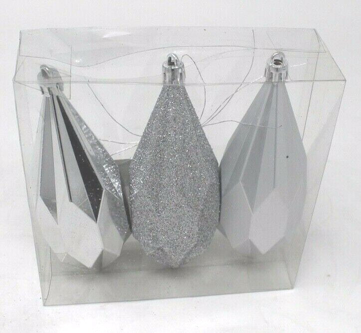3x Silver Christmas Baubles Tree Hanging Decoration Ornament Geometric 14cm Tall