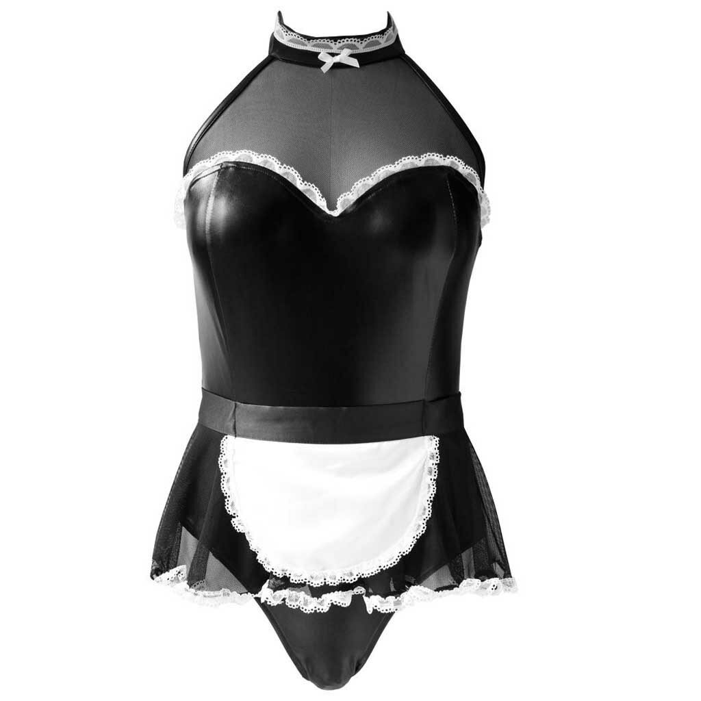 Black Faux Leather & Lace French Maid Costume Body Bodysuit wit Apron Size 10-12