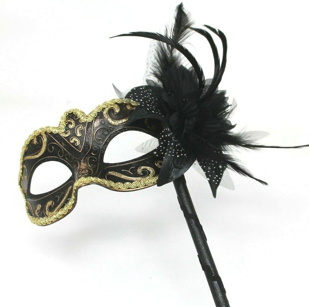 BLACK AND GOLD Venetian Carnival Masquerade Mask on a hand held stick