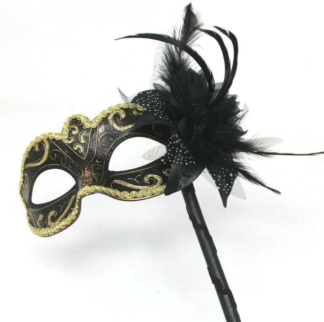 BLACK AND GOLD Venetian Carnival Masquerade Mask on a hand held stick
