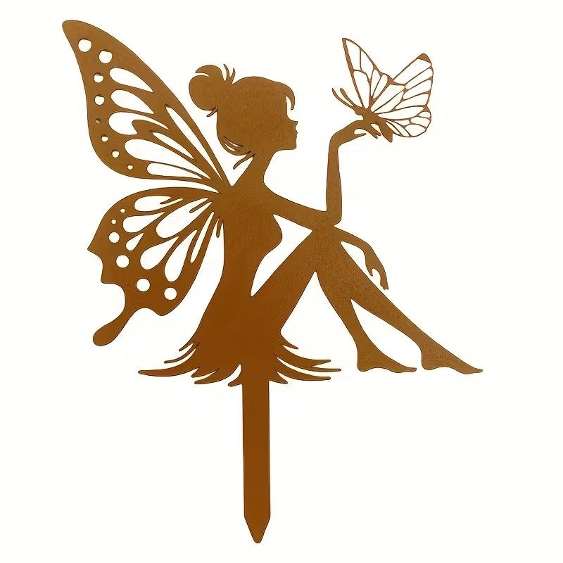 Rusty Patina Metal Fairy with Butterfly on Stake 20cm Tall Garden Pot Decoration