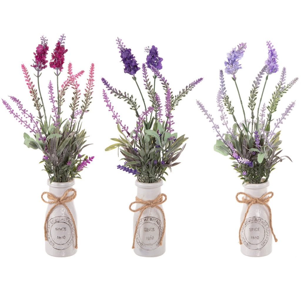 Choice 3 Colours Artificial Lavender Bunches in a Ceramic Milk Bottle 38cm Tall