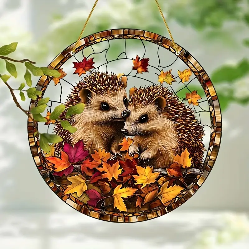 Acrylic Hanging Garden Suncatcher Baby Hedgehogs 20cm Tall on a Yellow Cord