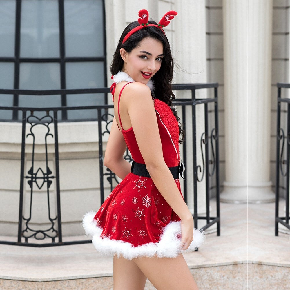 Ladies Santa Mrs Christmas Costume Outfit Dress Headband Choker Belt Thong 10-12