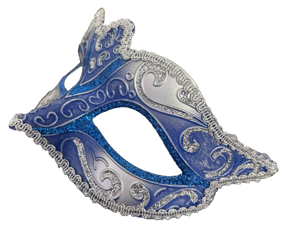 LADIES SILVER & BLUE VENETIAN CARNIVAL MASQUERADE PARTY EYE BALL MASK RIBBON TIE