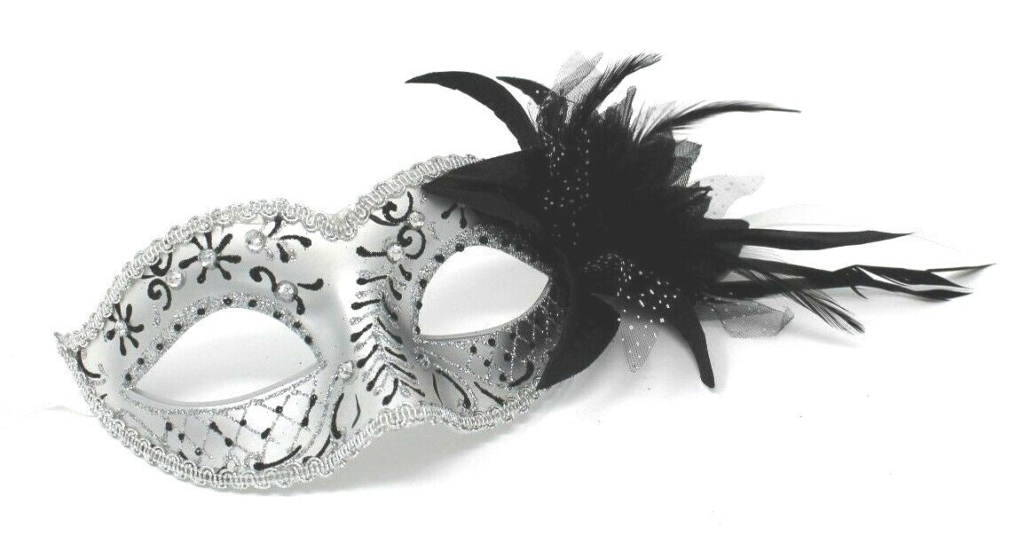 GLITTERING BLACK & SILVER JEWELLED VENETIAN MASQUERADE PARTY CARNIVAL BALL MASK