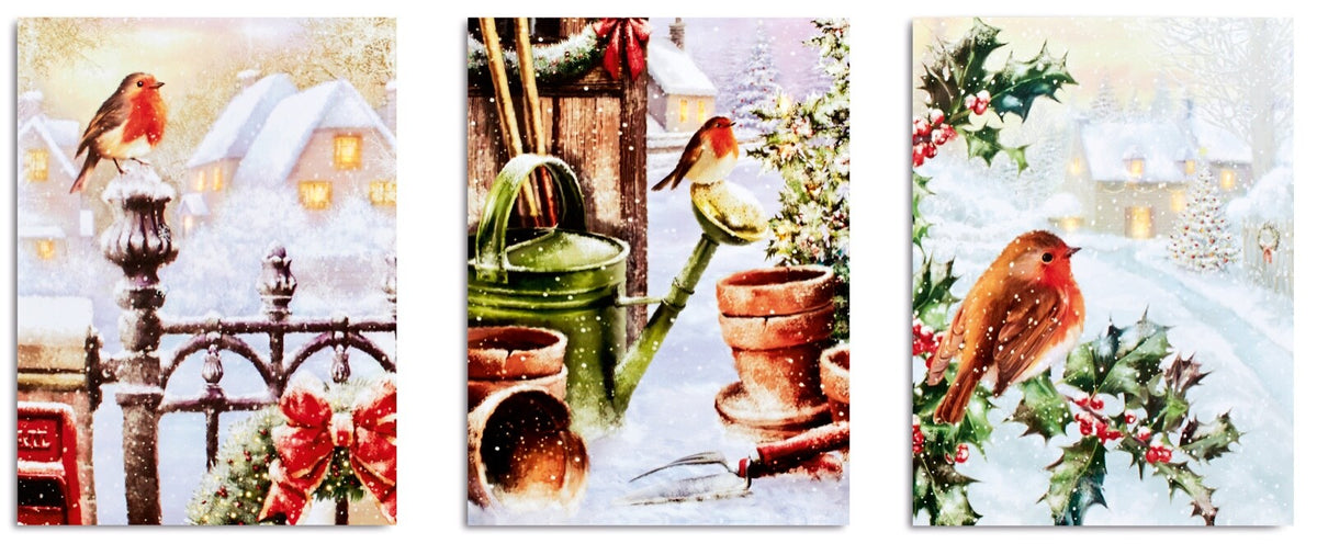 Choice of 3 Designs LED Light Up Snowy Christmas Picture Canvas Robin 40x30cm