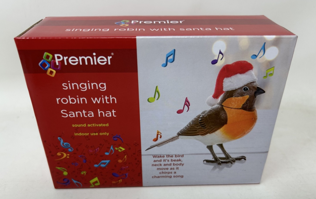 Christmas Singing Robin with Hat Decoration Beak Neck & Body Move and it Sings