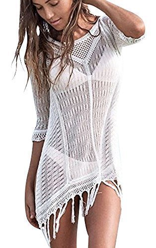 Ladies Crochet Beach Dress Bikini Cover Up Shirt Ivory Cream Size 10-14 Tassels