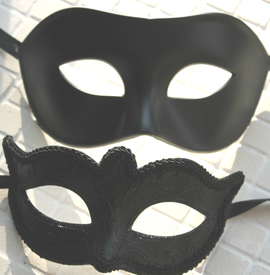 HIS N HERS PAIR COUPLES MIDNIGHT BLACK VENETIAN MASQUERADE PARTY EYE MASKS