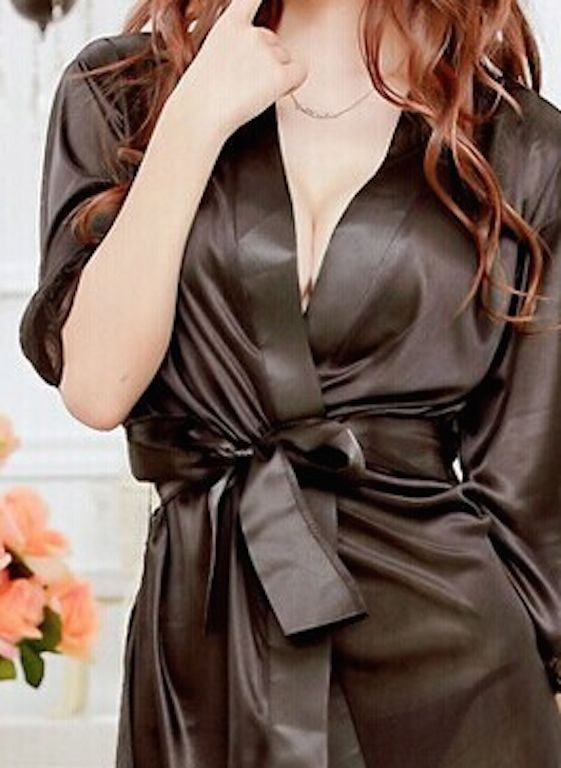 Black Red White Satin Supersoft Kimono Dressing Gown Bath Robe & Thong Size 8-10