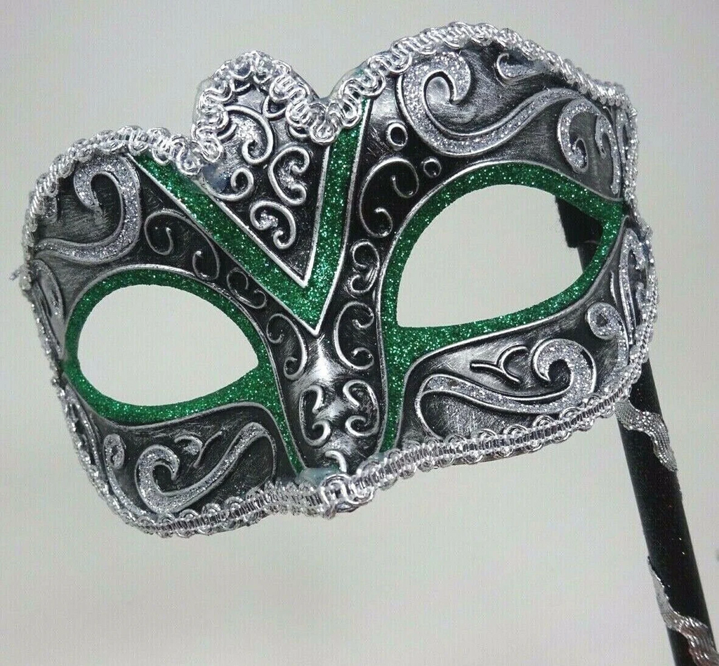BLACK GREEN & SILVER BRAID VENETIAN MASQUERADE PROM CARNIVAL BALL MASK HAND HELD