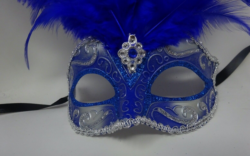 BLUE & SILVER VENETIAN MASQUERADE BALL CARNIVAL PARTY EYE LONG FEATHER MASK