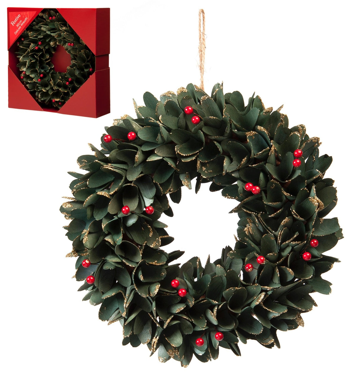30cm Diameter Festive Christmas Wreath Berries Green & Gold Edges & Red Berries