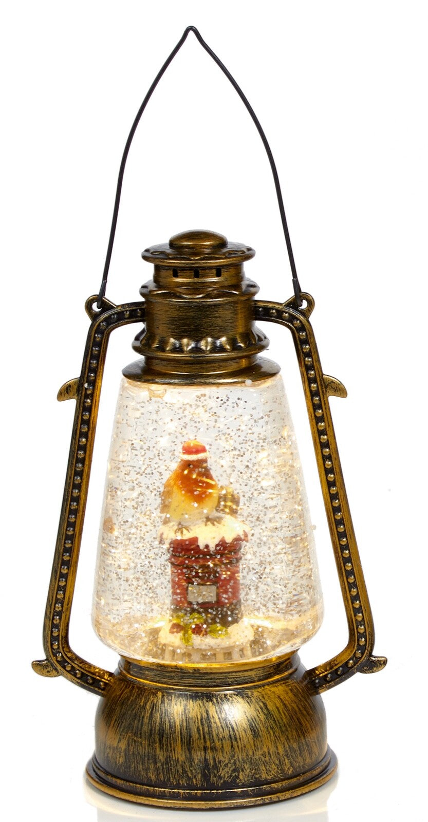 Christmas LED Gold Water Spinner Glitter Snow Globe Robin Lantern 24cm High