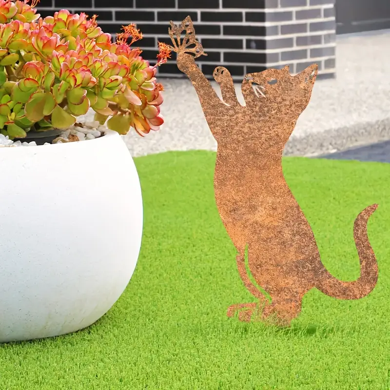 Core-Ten Rusty Cat Kitten Butterfly Garden Ornament Figurine 25cm Long 15cm Deep