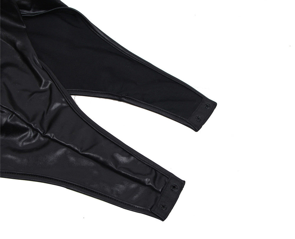Black Wet Look Faux Leather Playsuit/Jumpsuit/Body Bubble Sleeves Size 8-10