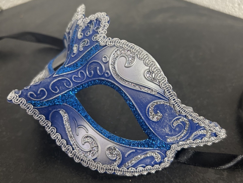 LADIES SILVER & BLUE VENETIAN CARNIVAL MASQUERADE PARTY EYE BALL MASK RIBBON TIE